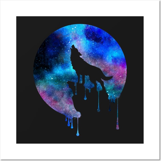 Howling Wolf Moon Space Galaxy Drips Hipster Trend Gift T-Shirt Wall Art by CheesyB